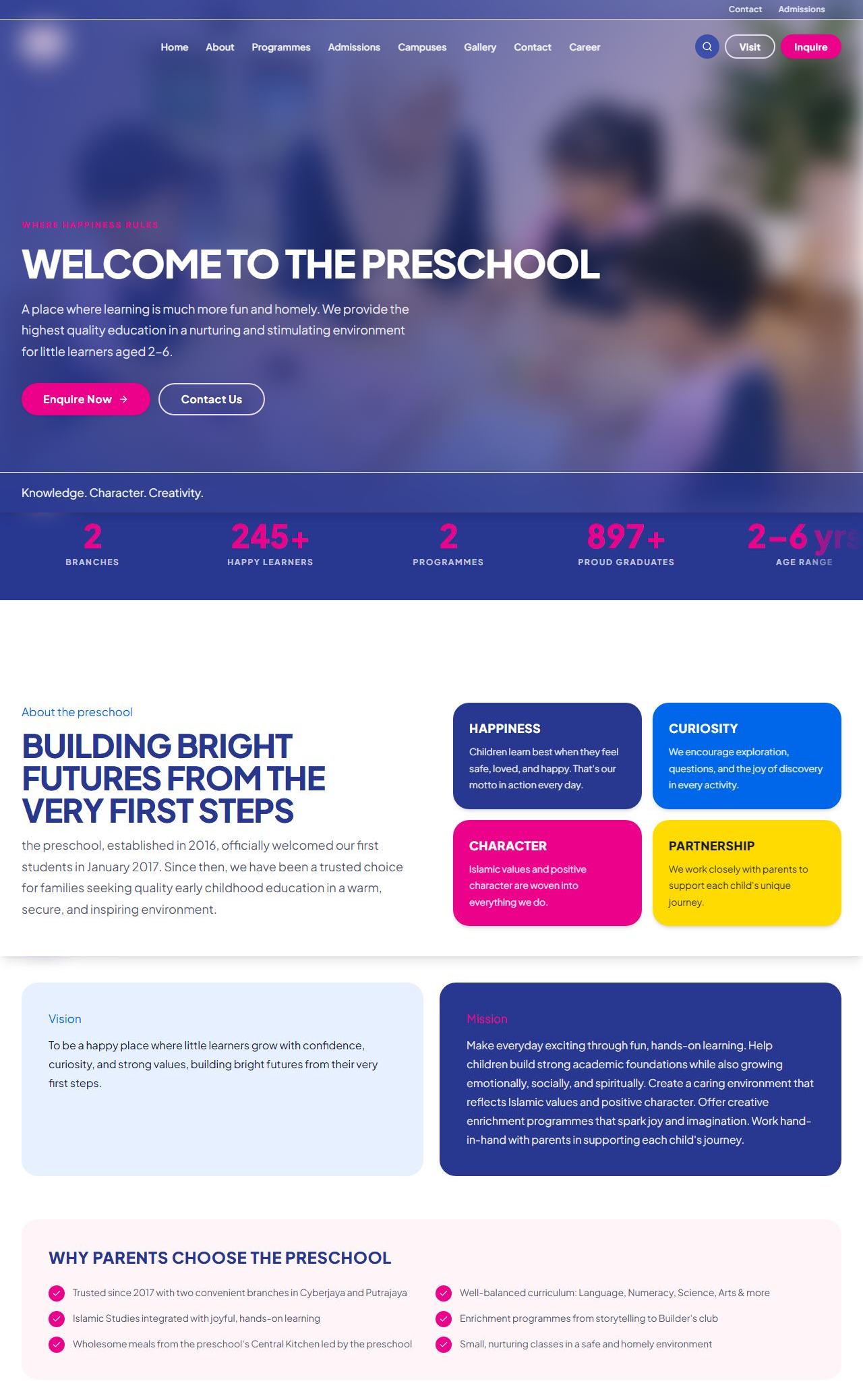 A preschool homepage with a classroom photograph, a welcome line, and enquiry buttons.
